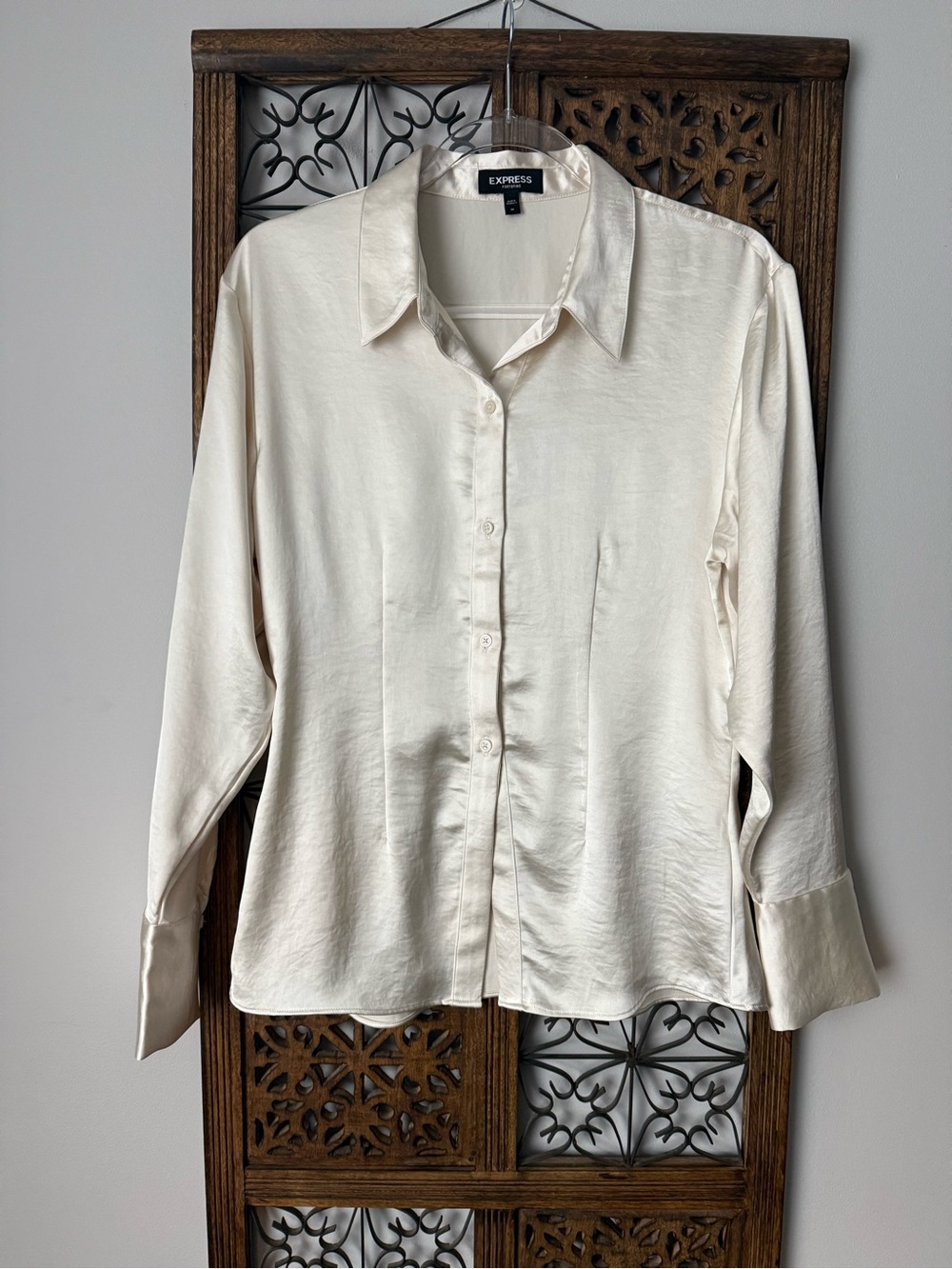 Express Portofino Cream Satin Button-Up Shirt